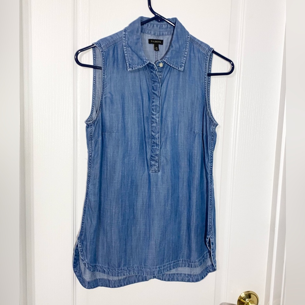 Talbots Chambray Collared 1/2 Button Placket Sleeveless Tunic Top Blue Size XS